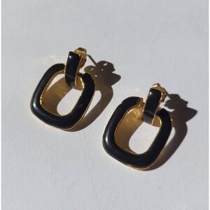 Gold Tone Black Enamel Square Dangle Vintage Earrings